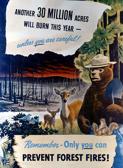Cartel de Smokey y otros animales tristes ante un bosque quemado que dice: "Este año se quemarán otras 30 millones de hectáreas, a menos que tengas cuidado".