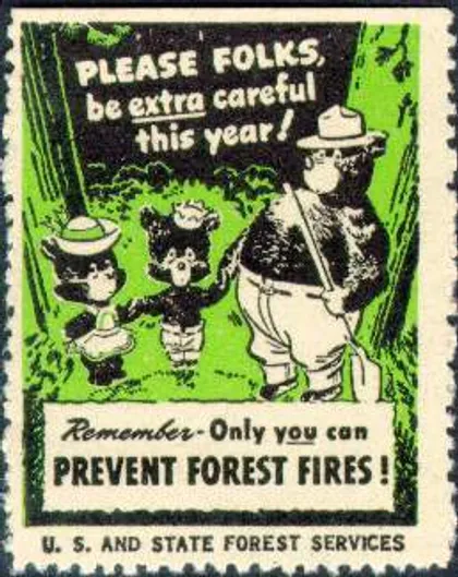 Sello postal de Smokey y dos ositos tomados de la mano donde se lee: "¡Por favor amigos, tengan más cuidado este año!".
