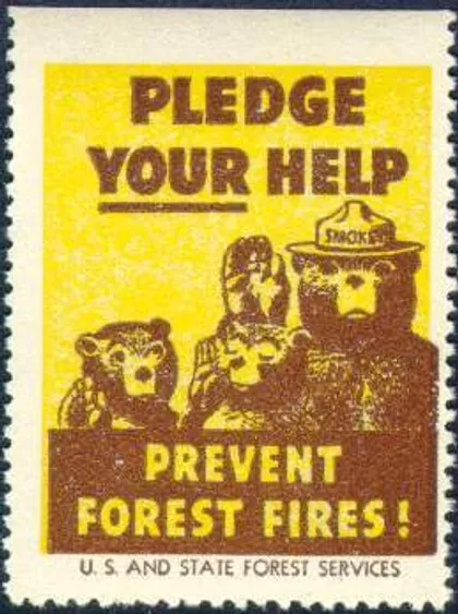 Un sello postal que dice: ¡Promete ayudar! ¡Evita incendios forestales!