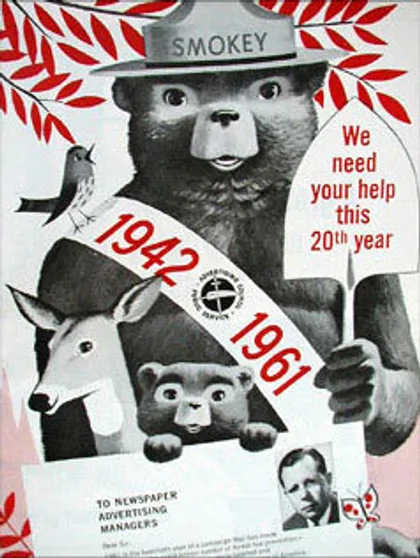 Cartel de Smokey celebrando el vigésimo año de la campaña en el que se lee: "Necesitamos tu ayuda este vigésimo año".