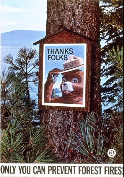 Cartel de Smokey clavado en un un árbol que dice: "Gracias amigos, solo tú puedes prevenir los incendios forestales".