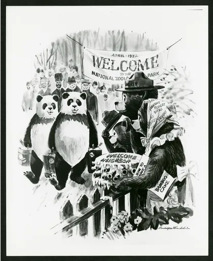 Ilustración del oso Smokey y su familia dando la bienvenida a los pandas al Zoológico Nacional