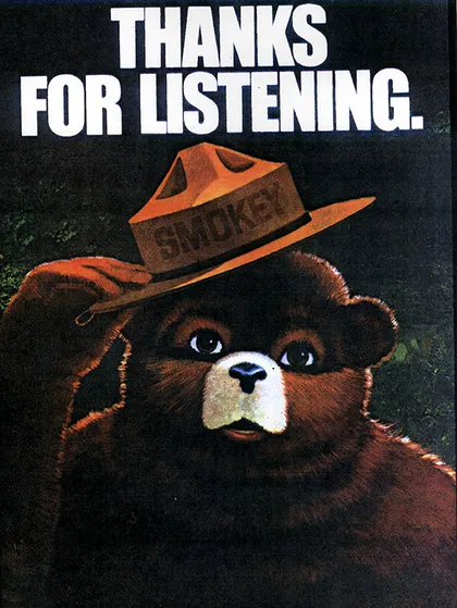 Imagen de Smokey levantando su sombrero que dice: "Gracias por escuchar".