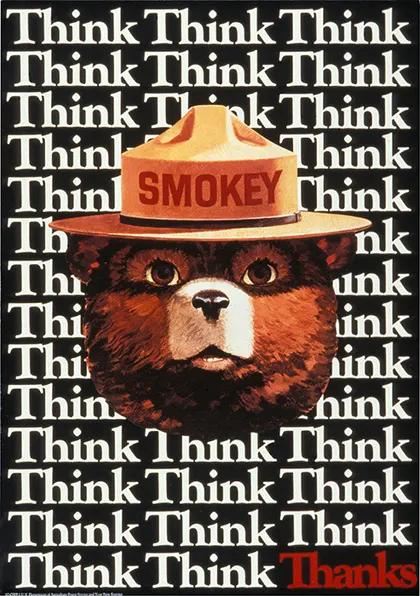 Cartel con el oso Smokey en el centro y de fondo la palabra "Piensa" repetida muchas veces.