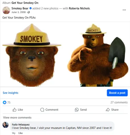 Primera publicación del oso Smokey en Facebook  "Get Your Smokey On PSAs"