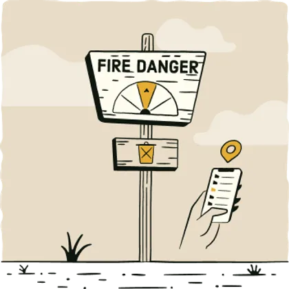 Sign with a fire danger indicator and no trash symbols. Smart phone to look up fire restrictions.