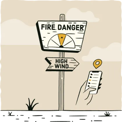 Sign with a fire danger indicator and “HIGH WIND” symbols. Smart phone to look up fire restrictions.