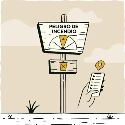 Letrero con un indicador de peligro de incendio y un símbolo de “prohibido tirar basura”. Teléfono inteligente para consultar restricciones de fuego.